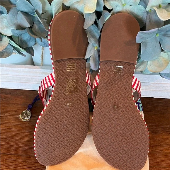 NWOB Tory Burch Patent Leather Miller Sandal Striped Nautical Red White - Picture 5 of 9